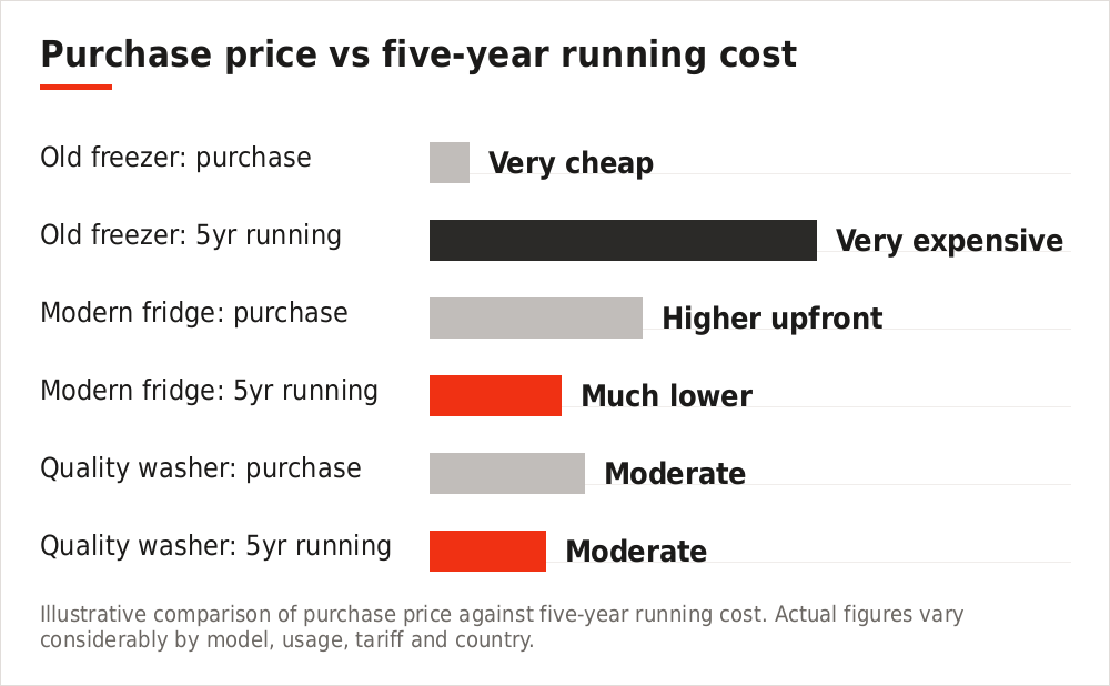 Chart comparing purchase price against running cost over five years for appliances